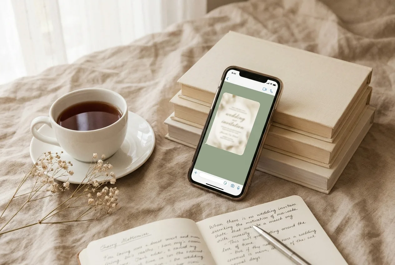 編輯風靜物：手機立在書堆前顯示綠色 LINE 對話視窗，內有米白色電子喜帖預覽卡片，一旁是茶杯、乾燥滿天星與寫著筆記的手帳