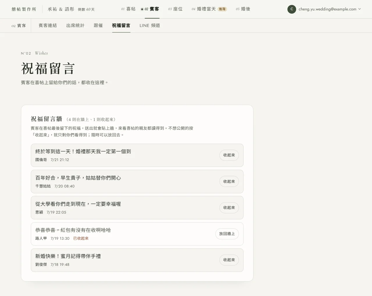 電腦版後台 02 賓客的祝福留言頁：標題祝福留言牆（4 則在牆上、1 則收起來），下面五則留言，每則有祝福內容、署名與時間，右邊是收起來按鈕；署名路人甲的那一則標著已收起來、文字劃了刪除線，按鈕是放回牆上