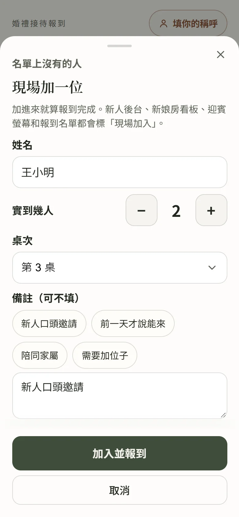 手機上的「現場加一位」表單：標題「名單上沒有的人」，姓名欄填了「王小明」，實到幾人 2，桌次下拉選單選「第 3 桌」，備註快捷詞「新人口頭邀請」「前一天才說能來」「陪同家屬」「需要加位子」，備註欄已填入「新人口頭邀請」，最下面是「加入並報到」按鈕
