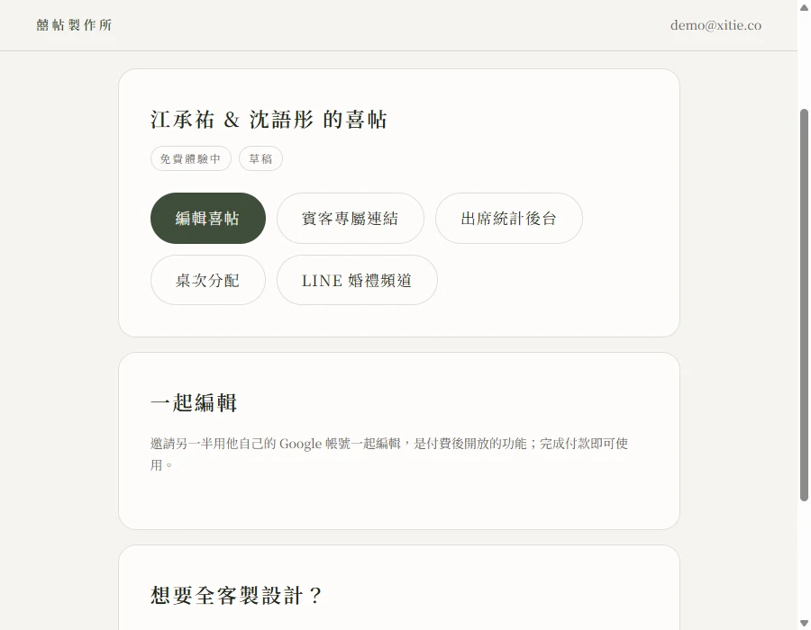 我的喜帖後台首頁：顯示新人姓名、免費體驗中與草稿標籤，下方是編輯喜帖、賓客專屬連結、出席統計後台、桌次分配、LINE 婚禮頻道等按鈕