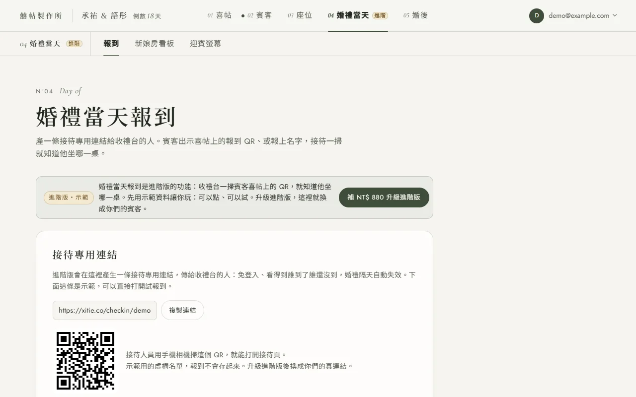 基礎版帳號打開 04 婚禮當天的報到頁：頂欄 04 與區內標題旁有「進階」小徽章；頁面上方的橫幅寫著「進階版・示範」與「婚禮當天報到是進階版的功能⋯先用示範資料讓你玩」，右邊按鈕是「補 NT$ 880 升級進階版」；下面是示範的接待連結與 QR