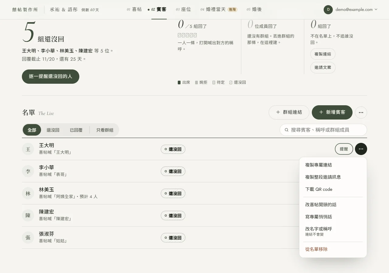 名單上王大明那一列的「⋯」選單展開：最上面是複製專屬連結、複製整段邀請訊息、下載 QR code，中間是改喜帖開頭的話、寫專屬悄悄話、改名字或稱呼，最下面是紅字的從名單移除