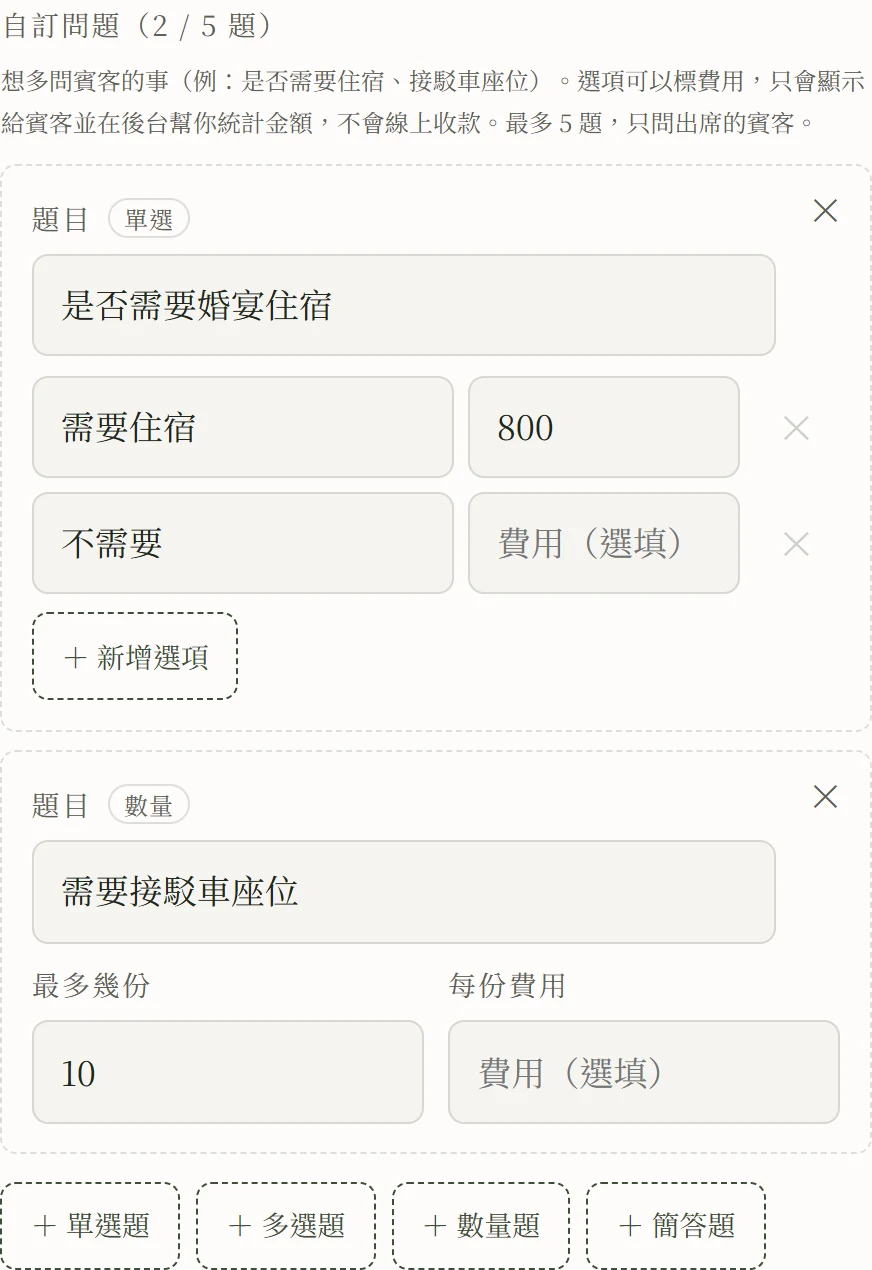 編輯器的自訂問題區塊，標題顯示 2 / 5 題：第一張卡是單選題「是否需要婚宴住宿」，選項需要住宿標費用 800、選項不需要留白；第二張卡是數量題「需要接駁車座位」，最多幾份填 10、每份費用留空；下方是新增單選題、多選題、數量題、簡答題四顆按鈕