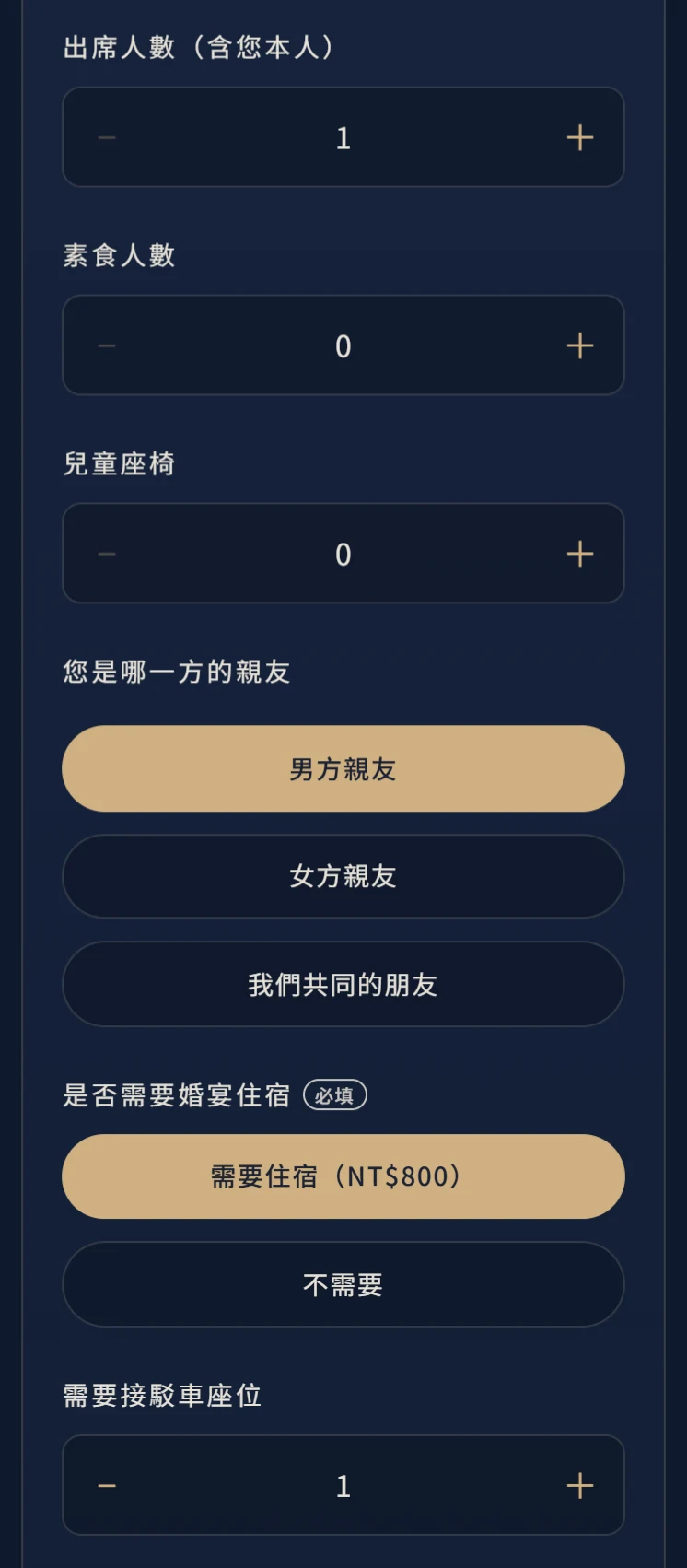 賓客端出席回覆表單（星夜深色系）：出席人數、素食人數、兒童座椅三個加減鈕；您是哪一方的親友是三顆直接點的選項，已選男方親友；自訂的單選題是否需要婚宴住宿標著必填，已選需要住宿（NT$800）；數量題需要接駁車座位選了 1