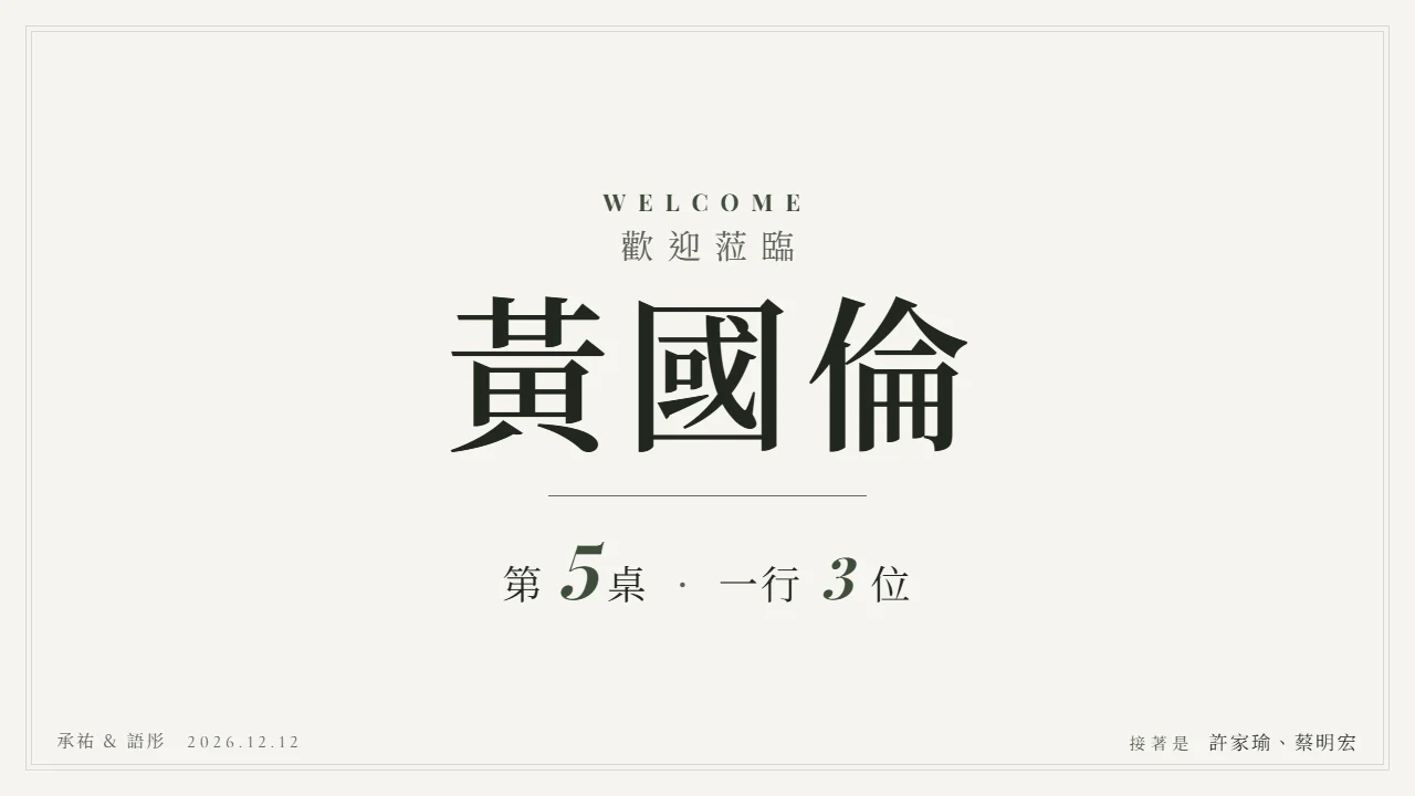 橫向電視畫面上的叫名字大卡：小字「WELCOME」、問候語「歡迎蒞臨」、賓客名字「黃國倫」，下面一條細線，桌次「第 5 桌」和「一行 3 位」；右下角寫著「接著是：許家瑜、蔡明宏」；畫面一角有新人名字與婚期的落款