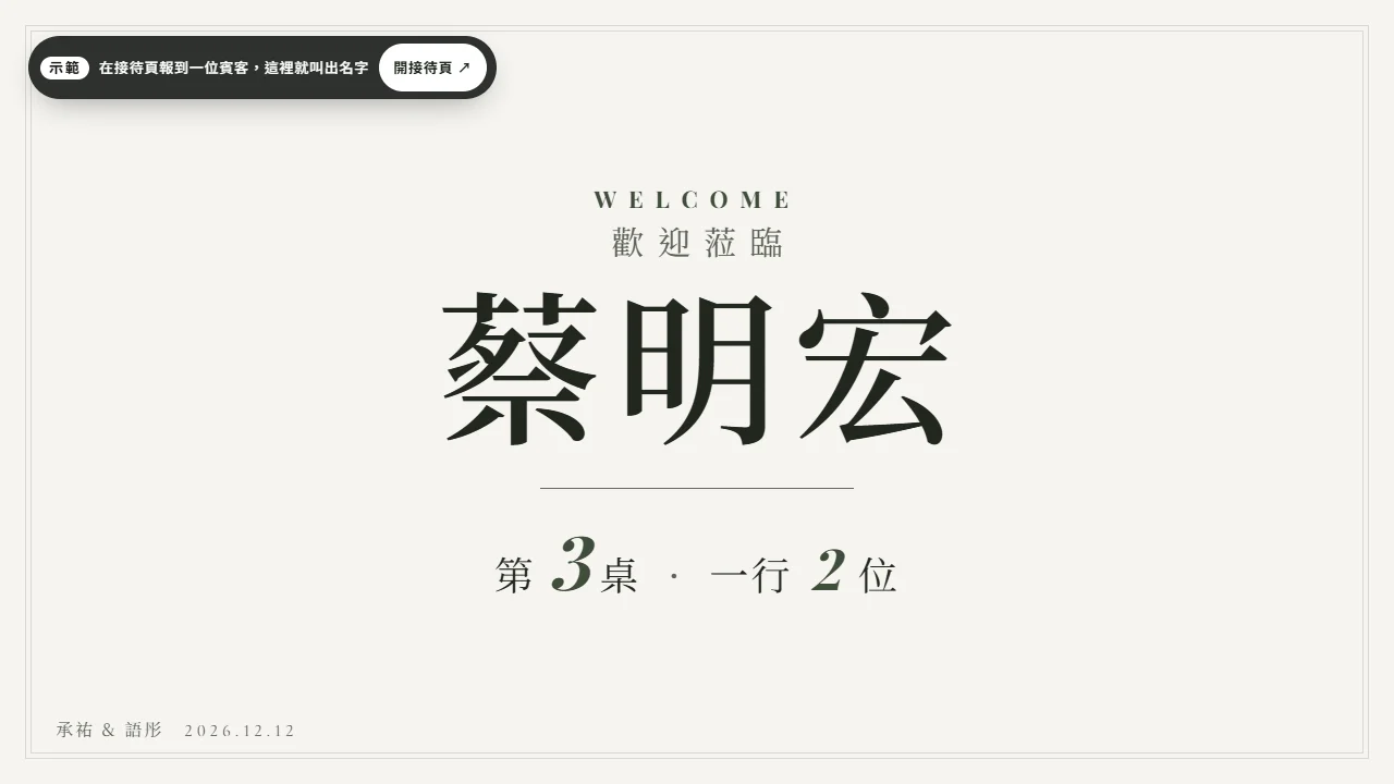 示範迎賓螢幕：電視畫面上方有一條深色小標籤，左邊白底「示範」、中間寫「在接待頁報到一位賓客，這裡就叫出名字」、右邊白色按鈕「開接待頁」；畫面中央是叫名字的大卡，名字「蔡明宏」，桌次「第 3 桌」，一行 2 位