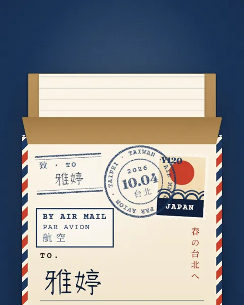 撕開的航空信封，郵戳蓋在收件人雅婷旁邊